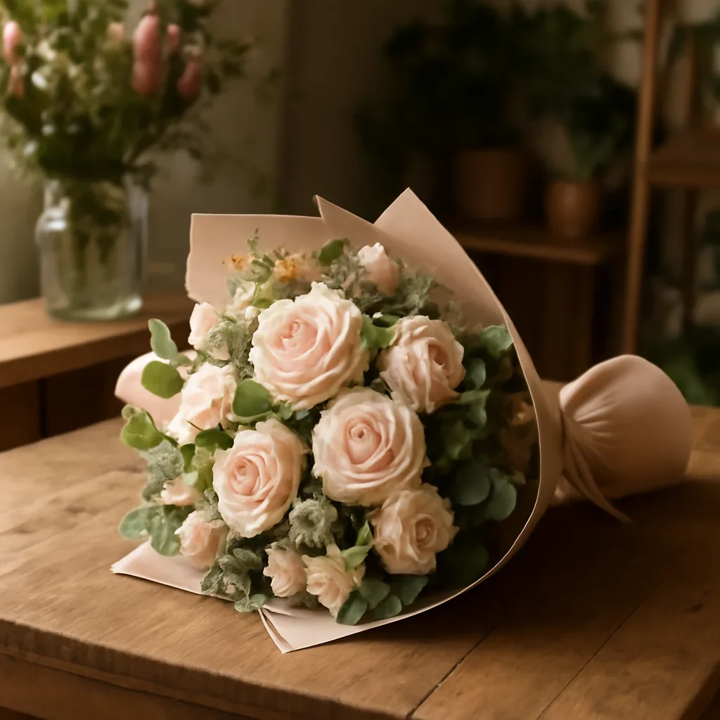 Fresh bouquet on a florist worktable for teleflora alternative in durham on