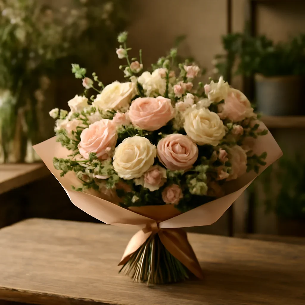 Fresh bouquet on a florist worktable for anniversary flowers