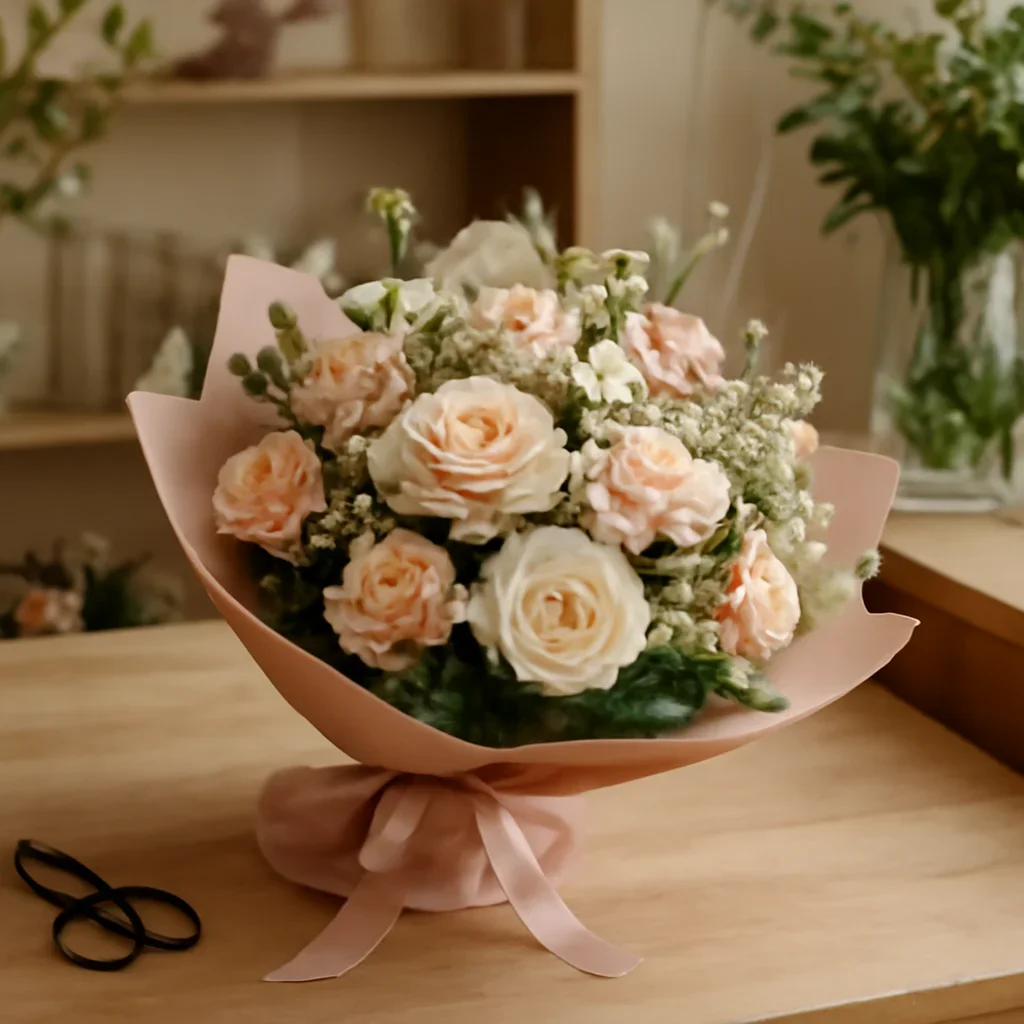 Fresh bouquet on a florist worktable for birthday flowers