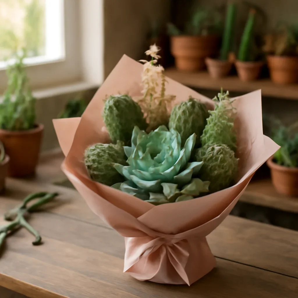 Fresh bouquet on a florist worktable for cacti & succulents
