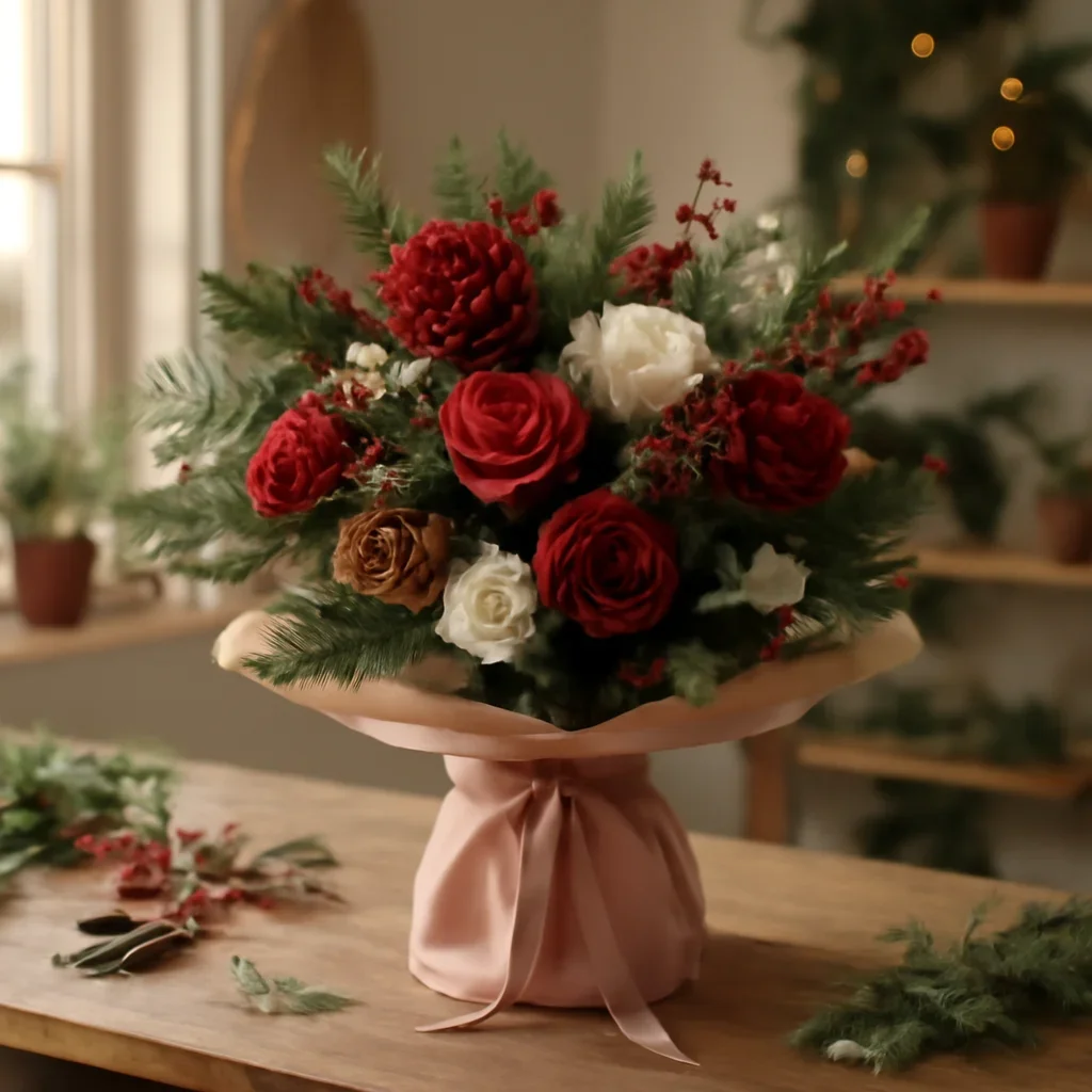 Fresh bouquet on a florist worktable for christmas centerpieces