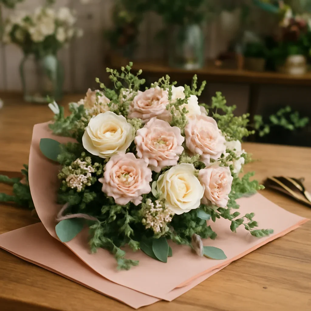Fresh bouquet on a florist worktable for custom floral arrangements