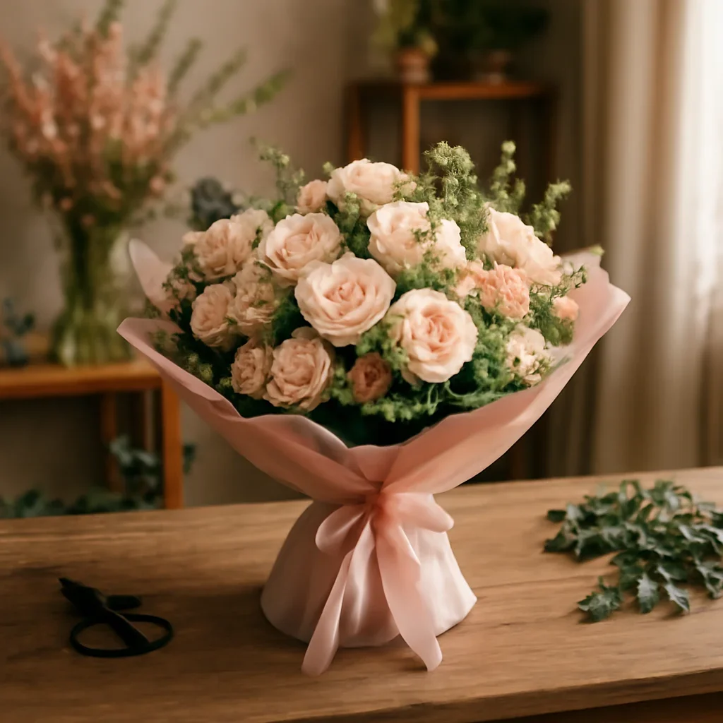 Fresh bouquet on a florist worktable for event flowers