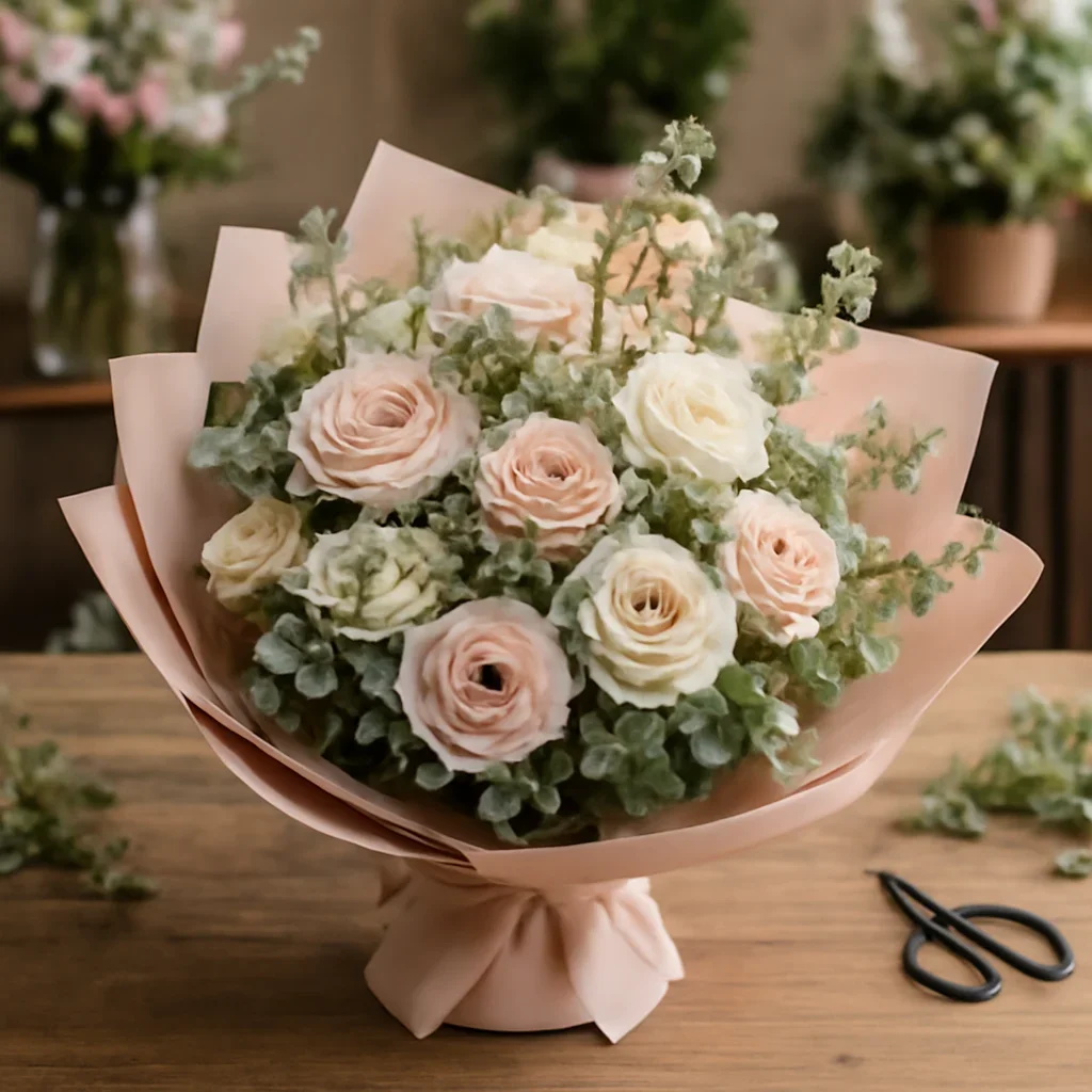 Fresh bouquet on a florist worktable for flower delivery arthur on