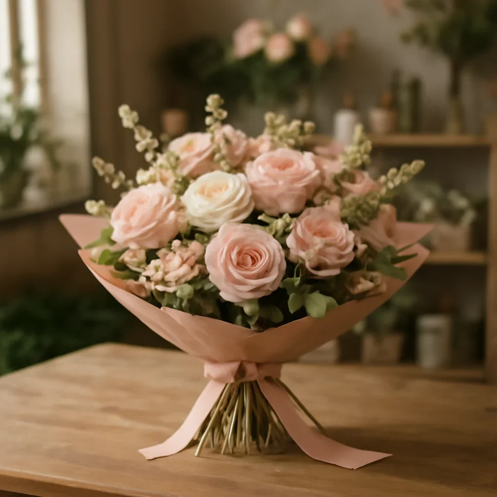 Fresh bouquet on a florist worktable for flower delivery durham on