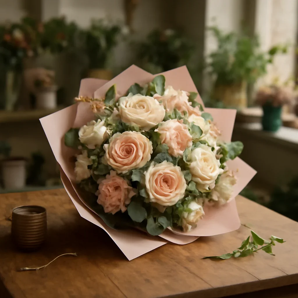 Fresh bouquet on a florist worktable for flower delivery hanover on