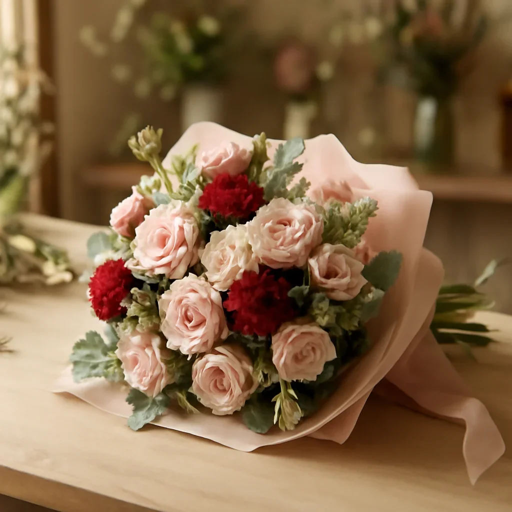 Fresh bouquet on a florist worktable for flower delivery holstein on