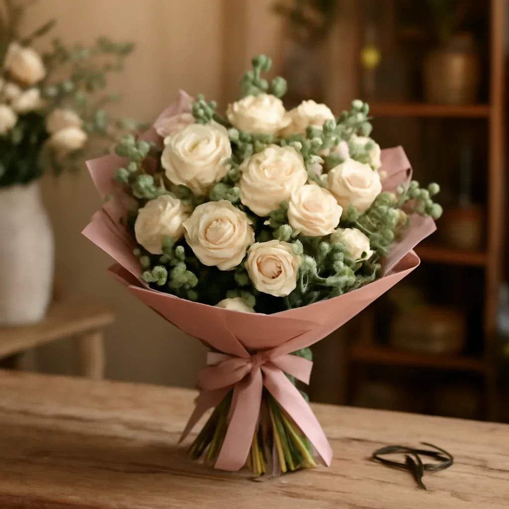 Fresh bouquet on a florist worktable for funeral flowers