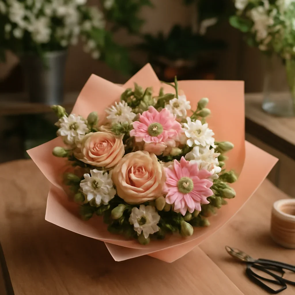 Fresh bouquet on a florist worktable for get well flowers