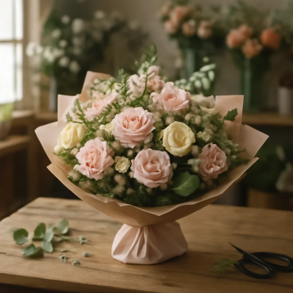 Fresh bouquet on a florist worktable for hospital flower delivery to south bruce grey health centre