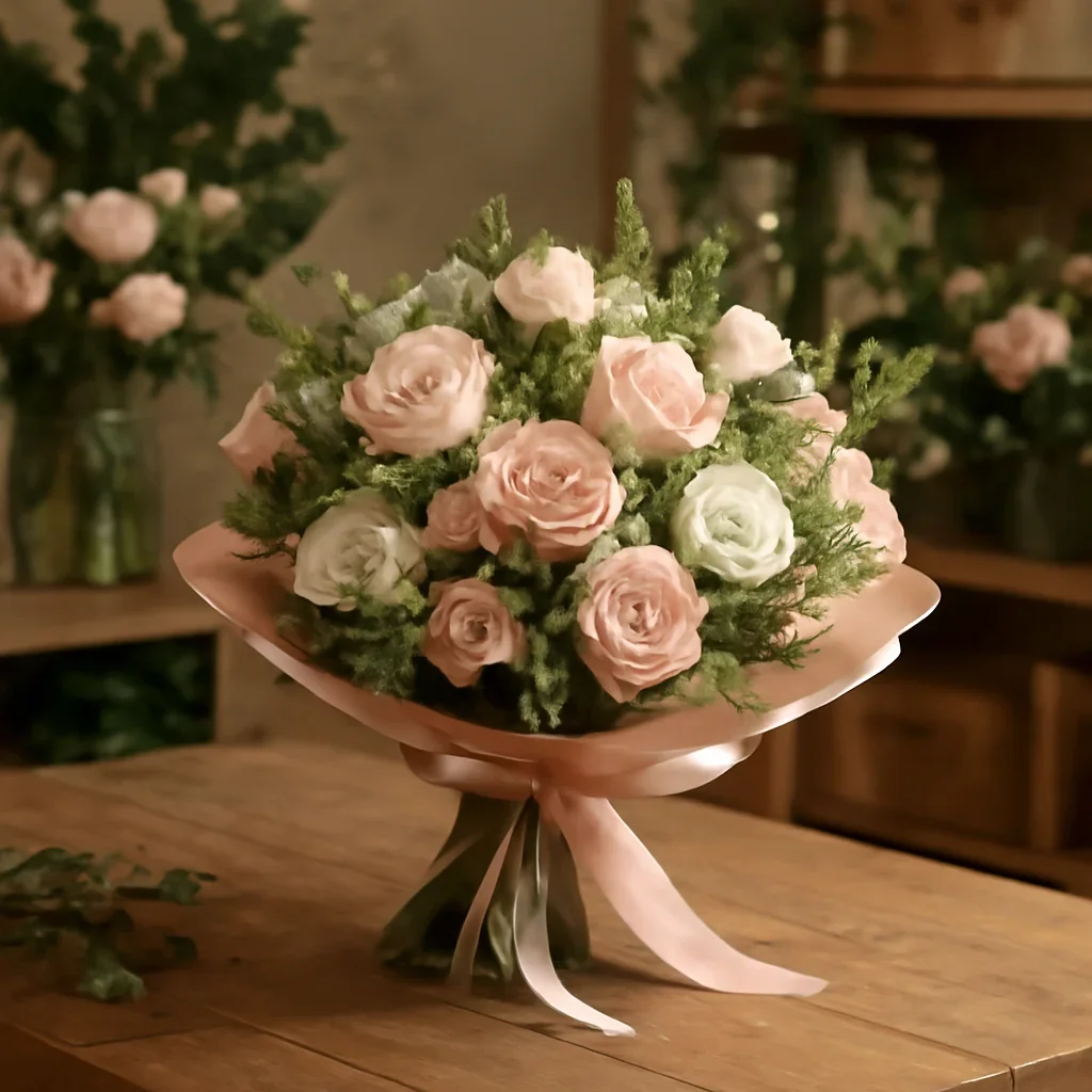 Fresh bouquet on a florist worktable for corporate event floral services