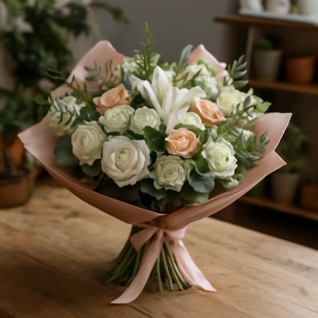 Fresh bouquet on a florist worktable for funeral home flower services