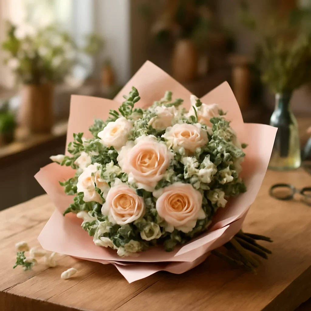 Fresh bouquet on a florist worktable for wedding venue floral services