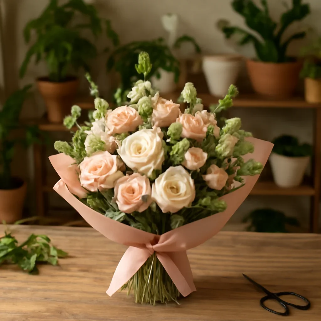 Fresh bouquet on a florist worktable for plants & indoor planters