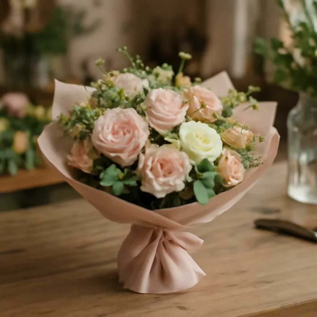 Fresh bouquet on a florist worktable for same-day flower delivery durham on