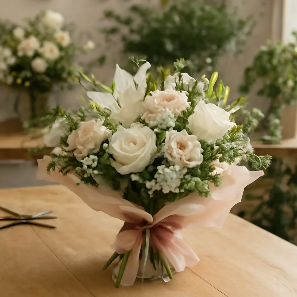 Fresh bouquet on a florist worktable for sympathy gardens