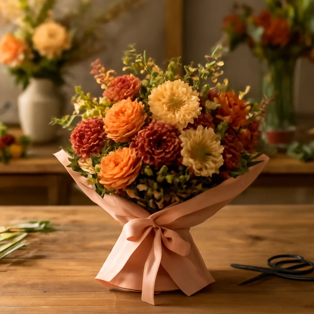 Fresh bouquet on a florist worktable for thanksgiving centerpieces
