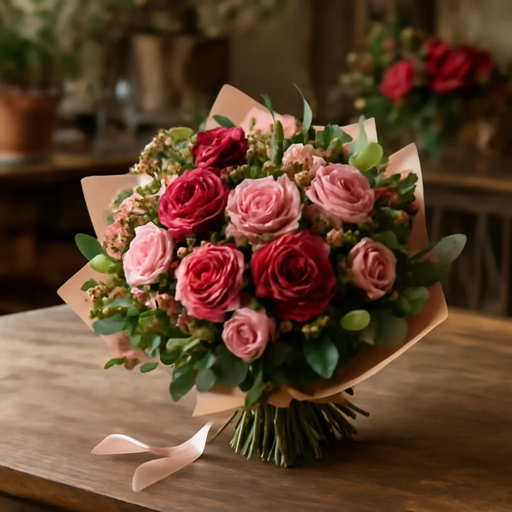 Fresh bouquet on a florist worktable for valentine's day flowers