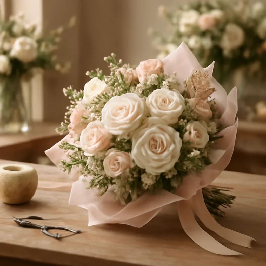 Fresh bouquet on a florist worktable for wedding flowers